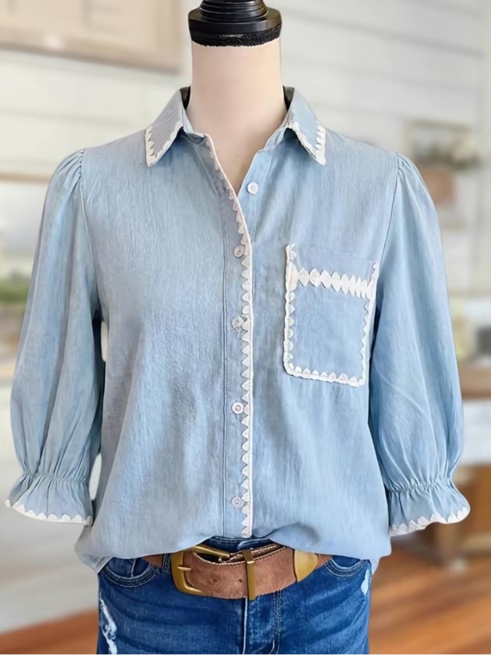 SageVell 3/4 Puff Sleeve Blue Chambray Shirt with White Embroidered Trim